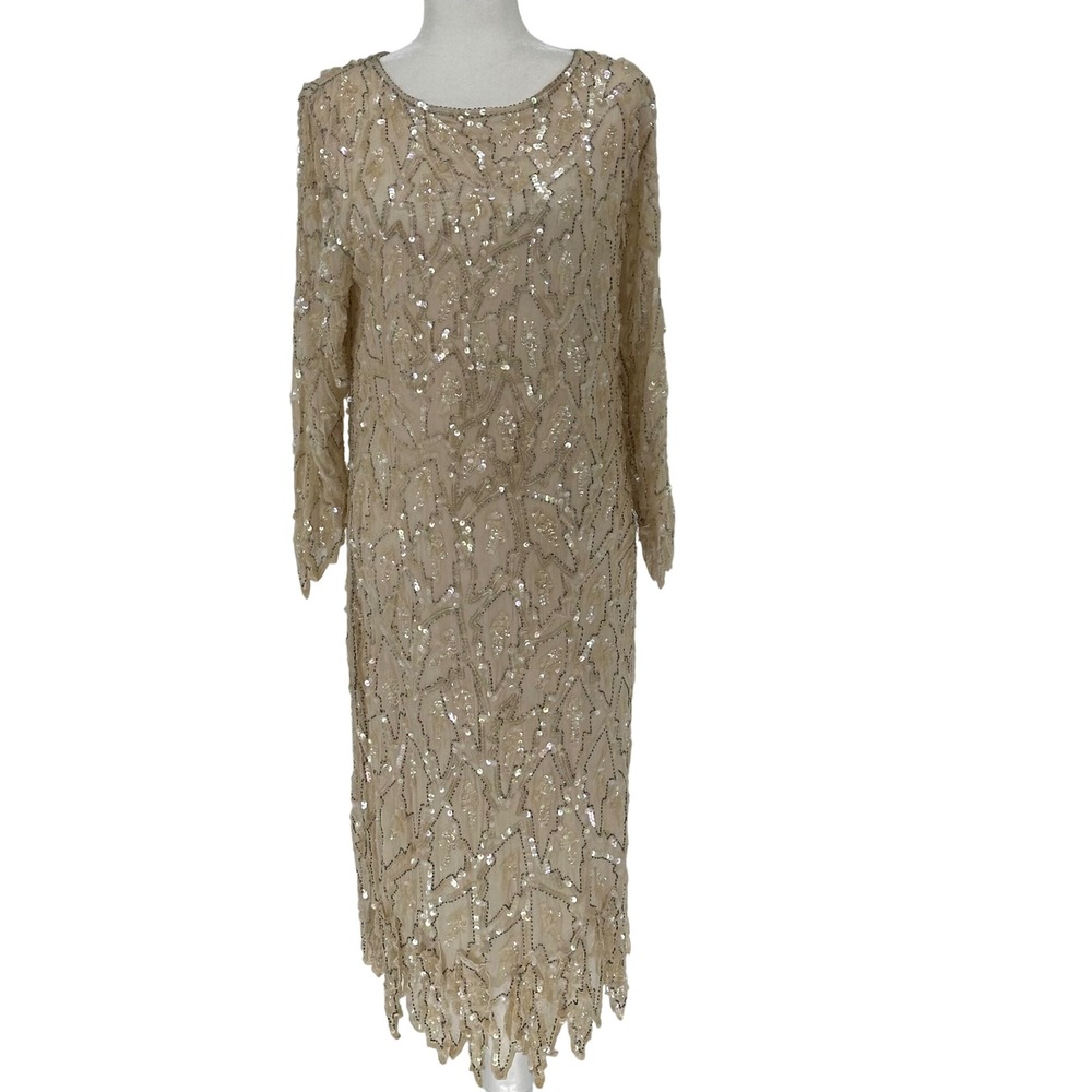 Vintage Whimsy Flapper Art Deco Swee Lo Champagne Silk Beaded Sequin Dress READ‎